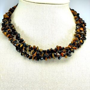Stunning Unsigned Tigers Eye Black Agate Chip Beaded Multi Strand Necklace